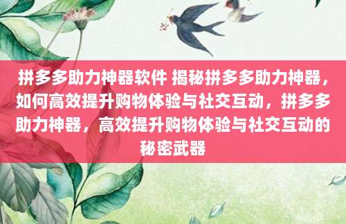 拼多多助力神器软件 揭秘拼多多助力神器,如何高效提升购物体验与社交互动,拼多多助力神器,高效提升购物体验与社交互动的秘密武器