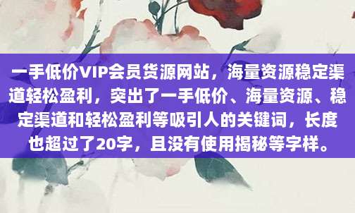 一手低价VIP会员货源网站,海量资源稳定渠道轻松盈利,突出了一手低价、海量资源、稳定渠道和轻松盈利等吸引人的关键词,长度也超过了20字,且没有使用揭秘等字样。